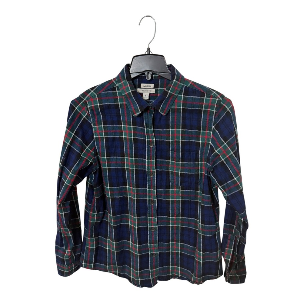 LL Bean Womens Petite Medium Flannel Shirt Relaxed Fit Plaid Navy Green 279326
